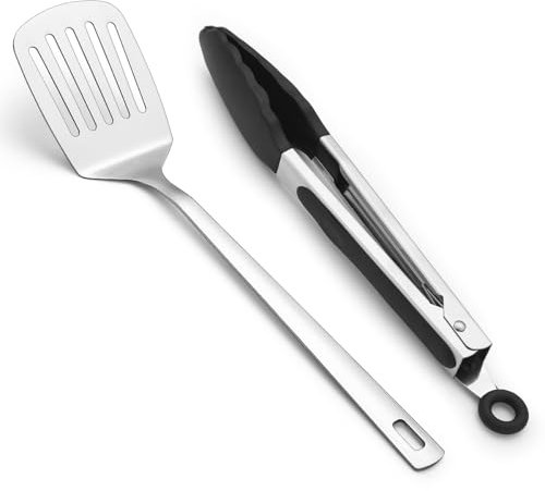 Kyraton - Juego de 2 espátulas y pinzas de cocina, juego de utensilios de cocina de acero inoxidable para el hogar, restaurante, camping, barbacoa