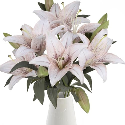 Libeking Künstliche Lilien im Vintage-Stil, weiße Lilien, Seidenblumen mit Stielen, Tigerlilie, künstliche Kunstblumen für Vasen für Hochzeit, Party, Zuhause, Tischdekoration, 6 Stück
