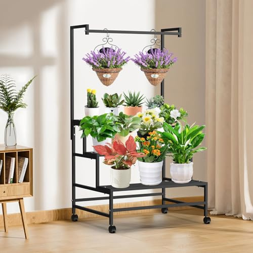 Rosnek 3 Stufiger Metall-Pflanzenständer, Hängender Pflanzenregal mit Rädern, Modern Blumenregal Display Rack für Wohnzimmer Schlafzimmer Outdoor Balkon Garten Terrasse, Schwarz (80x62x144cm)