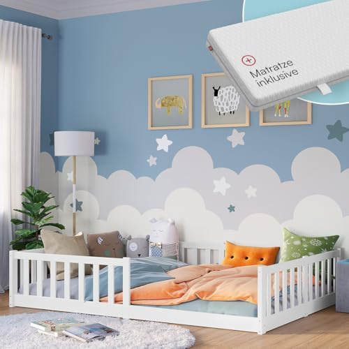 Bellabino Vere Bodenbett 140x200 cm, Massivholz Kiefer, mit Matratze, Weiß | Montessori Kinderbett mit Rausfallschutz & Lattenrost, Massivholzbett für Jungen & Mädchen aus Holz Kiefer, Kleinkindbett