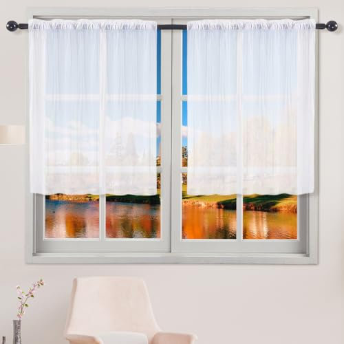 2 Piezas Cortina Cocina Ventana, 63.5Bx91.5H(cm) Visillo de Bistró, Semitransparente, Cortinas Pequeñas para Ventanas, Visillos Cocina, Cortinas de Cocina, para Salón, Casa de Campo (Blanco)