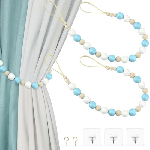 Poeland 2 Stück Holzperlen Vorhang Raffhalter, Boho Vorhanghalter mit Haken, Vorhang Raffhalter für Schlafzimmer, Kinderzimmer, Esszimmer Dekoration (Blau & Weiß)