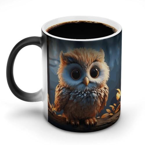 MNVTSKOP Hitzeempfindliche Keramik-Kaffeetasse, wärmewechselnde Tasse, niedliche Eule, lustige Verfärbung, Keramiktasse, magische Kaffeetasse, Farbwechsel, Teetasse, Reisebecher