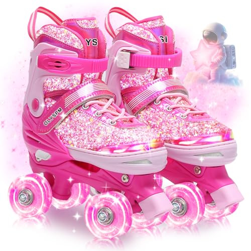 OLYSPM Pattini a Rotelle Bambina,Tomaia fluorescente,Roller Bambina regolabili con 8 Illuminante Ruote e borsa per riporre gli oggetti per Ragazzi,Ragazze e Principianti(Rosa)