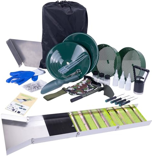 27-teiliges komplettes Gold-Panning-Set mit 127 cm faltbarer Schleusenbox, tragbare Bergbauausrüstung aus Aluminiumlegierung für Erwachsene, inklusive Goldpfanne, Klassifizier-Bildschirm, Trennmagnet