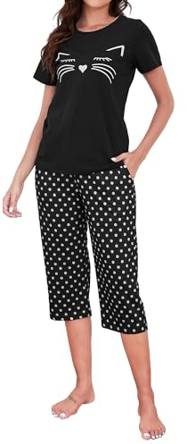 TeJoyce Dam pyjamasset bomull kortärmade och capribyxor myskläder nattkläder set mjuk komfort polkaprickig pyjamas set, Svart, L Short
