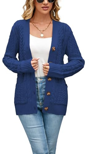 BuyiRen Womens Cardigan Sweaters Cable Knit Sweater 2026 Fall Winter Chunky Open Front Button Down Coats with Pockets, Classic Blue, UK 12-14