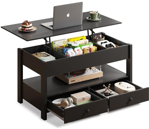 WLIVE Höhenverstellbarer Couchtisch, Wohnzimmertisch mit 2 Schubladen und Verstecktes Ablagefach, 50 x 100 cm Holzoptik Coffee Table (Schwarz)