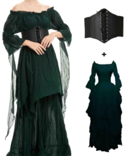 Raveparty Vestido de Halloween para mujer medieval, ropa gótica, disfraz steampunk para mujer, ropa renacentista victoriana, vestido gótico, para Halloween Carnaval (Verde, XL)