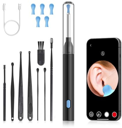 FONCBIEN Otoscopio Limpiador Oidos, 3,5mm WiFi Limpiador Oidos Adultos con 6 LED Camara Endoscopica Inalámbrico Limpia Oidos con Camara con 6 Puntas de Silicona y Kit Completo de 8 Piezas