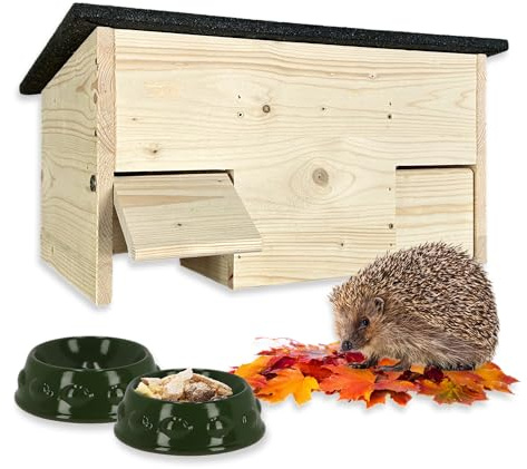GARTENETAGE Igel-Futterhaus aus Holz mit Rattenklappen & 2er Schalen-Set – Wetterfeste Futterstation für Igel mit Schutz vor Katzen, Ratten & Regen – Naturnah & robust für den Garten