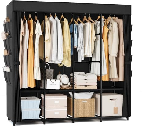 Vicye Armadio in Tessuto, Armadio Camera da Letto da 4 Barra Appendiabiti, 4 Ripiani e 8 Tasche Laterali, Guardaroba Grande con Copertura, Armadio Pieghevole per Spogliatoio 164 x 41,5 x 160 cm Nero