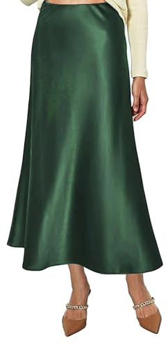 Vossmi Jupe Satinée Longue Taille Haute Femme Élégant Jupe Satin Midi Crayon Jupes en Soie Casual Millésime Stretch Skirt Unie Evasée Hiver Vert,XL