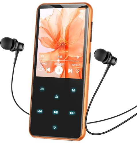 AGPTEK Lettore MP3 Bluetooth 5.3, Lettore Musicale da 64 GB in Metallo, Schermo da 2,4, Qualità Sonora HiFi, MP4 con Pulsanti Touch, Altoparlante, Radio FM, Registratore, 60 Ore di Musica, Arancione