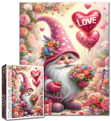 1000 Piece Jigsaw Puzzles for Adults Valentines Day Gnome Painting Jigsaw Puzzle Dwarf Hold Balloon 1000 Pieces Puzzles Game Home Wall Decor DIY Craft Rose Flowers Puzzle Art Love Gift(Colorful)