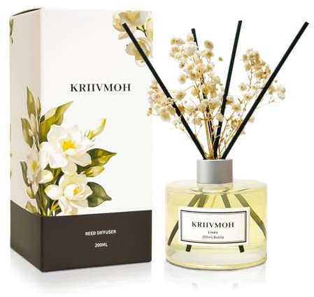 KRIIVMOH Raumduft Reed Diffuser mit 8 Duftstäbchen 200ml Leinen Duft, Home Duft ätherisches Öl Reed Diffusor für Badezimmer Regal Dekoration