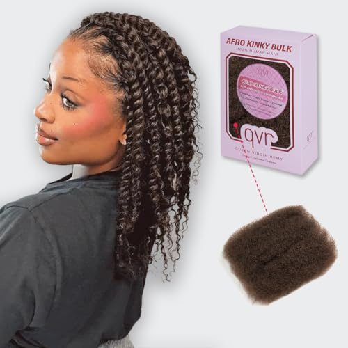 QVR – Cheveux humains afro kinkys en vrac – Plus de 80% sont des cheveux les plus longs (améliorés), pour extensions de dreadlocks, réparation et tressage torsadé, marron foncé, 45,7 cm, 50 g
