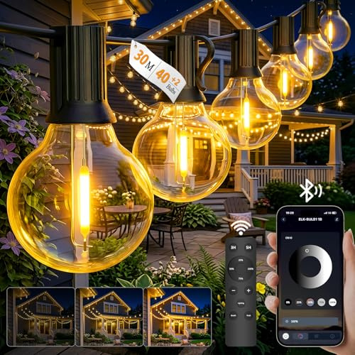 Lichterkette Außen Outdoor Strom 25M/65.5FT G40-Intelligente LED Lichterkette außen mit App & Fernbedienung(Doppelsteuerung),25+2 dimmbare Lampen,IP44 Wetterfest,Timer für Garten,Balkon,Pavillon,Party
