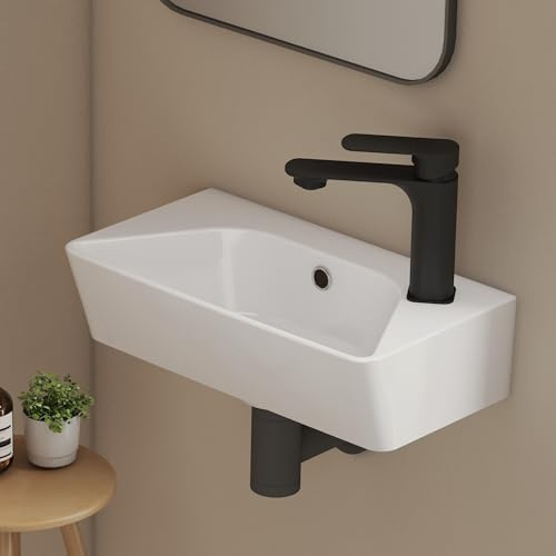 EMKE Waschbecken Klein 40x22,5x13 cm - Keramik Waschbecken Eckig mit Hahnloch Rechts, Wandwaschbecken für Gäste-WC & Kleine Bäder, Badezimmer Waschbecken, Weiß