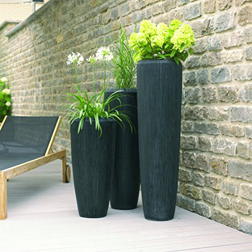 Klocke Pflanzgefäße Wunderschöne & Hochwertige Pflanzvase Rillenstruktur - Klein: 75cm - Dunkelgrau - Fiberglas - Mit Einsatz – Innen & Außen – Wetterbeständig & Frostsicher