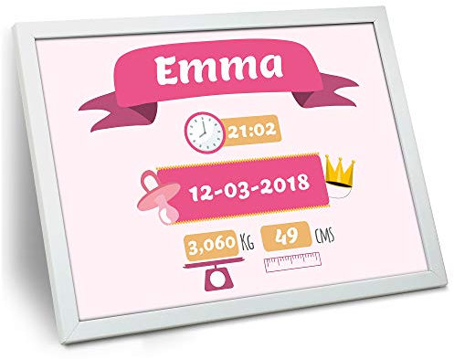 LolaPix Geburt Wandbild Personalisierte mit Gerburtdatum. Name/Datum/Uhrzeit/Gewicht/Größe. Neugeborene Geschenke. Verschiedene Designs. 30x40 cm. Rosa Neugeborene