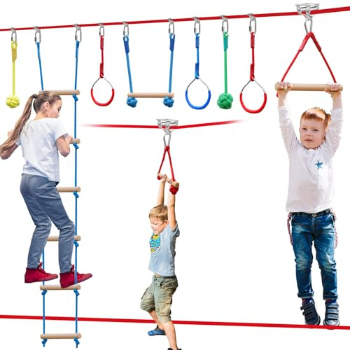 Ninja Warrior Hinderniskurs für Kinder, 18,3 m, Ninja-Slackline, mit 8-teiligem Zubehör, Baumschutz und Tragetasche, Ninja-Kurs für Kinder im Freien