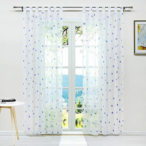 ESLIR Gardinen mit Schlaufen Gardinenschal Voile Transparent Schlaufenschal Modern Vorhänge mit Sterne Muster 1 Stück Blau BxH 140x175cm 1 Stück