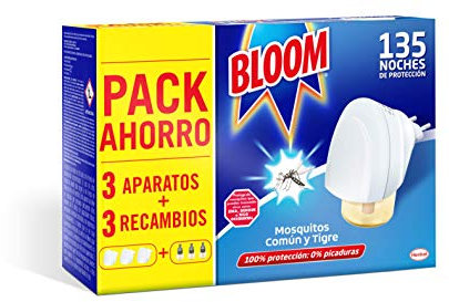 Bloom Insecticida Eléctrico Líquido Doble Eficacia (3 aparatos + 3 recambios), antimosquitos eléctrico eficaz contra el mosquito comun y tigre, 135 noches de protección