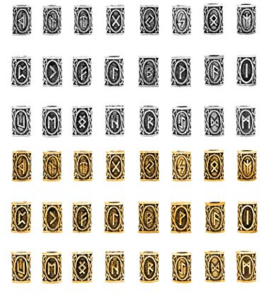 Monsully 48 Stück Bartperle Wikinger, Nordische Runen Perlen,Haar Bart Perlen,Nordischen Wikinger Runen Haar Bart Perlen,Anhänger DIY Armband Schmuck(Uraltes Silber+Ancient gold)