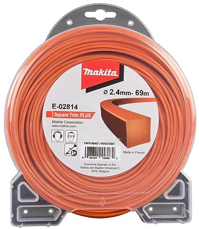 Makita E-02814 Mähfaden Vierkant 2,4 mm x 69 m Square Trim PLUS Trimmerfaden, Nylon, orange, für Rasentrimmer und Freischneider