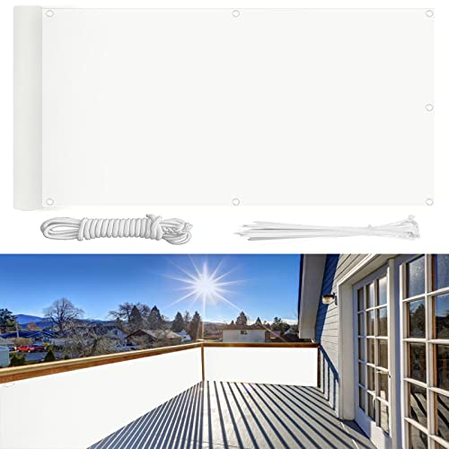 Balkon Sichtschutz 110×1700cm Ohne Bohren, 100% Schutz der Privatsphäre,Blickdichte Balkonumspannung Windschutz UV-Schutz Gartenzaun Schwimmbad-Leitplanke,mit Ösen Kabelbinder und Kordel/Sandfarbe