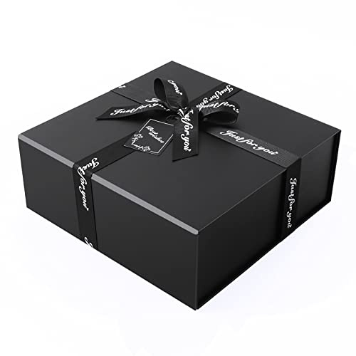JiaWei Geschenkbox 24 x 24 x 9,5 cm Klein, Geschenkkarton mit Magnetisch Deckel & Kreuzförmige Schleife, mit Grußkarten & Seidenpapier - Schwarz (Stil-2)