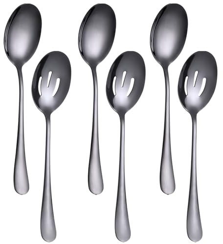 6 Pieces Serving Spoons Set 8.7 Inch, Includes 3 Serving Spoon and 3 Slotted Spoon, Stainless Steel Buffet Banquet Spoons, Large Kitchen Utensils Cutlery, Black