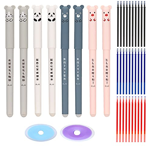 YHUIKXIN Radierbarer Kugelschreiber, 8 Stück Tintenroller Radierbar 0.35mm Cartoon Löschbarer Stift mit 30 Nachfüllungen und 2 Radiergummis Löschbaren Gelstiften für Studenten Schule Büro