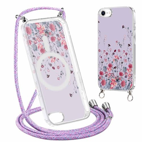 Yoedge Handyhülle Handyband für iPhone 8/iPhone 7/iPhoneSE 2020/SE 2022 4,7 Hülle mit Band, Magnetisch Case Kompatibel mit Magsafe,Silikon Stoßfest Kordel Schutzhülle mit Aesthetic Muster 4-Blumen
