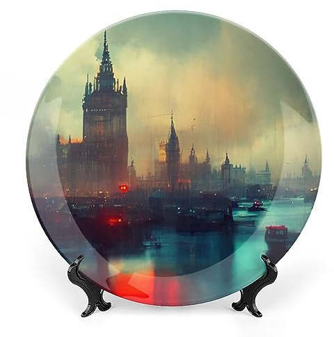 Gokays Platos decorativos, paisaje urbano de Londres, pintura nocturna, plato de cena de cerámica para el hogar, placa tambaleante con soporte de exhibición, decoración para colgar en la pared para