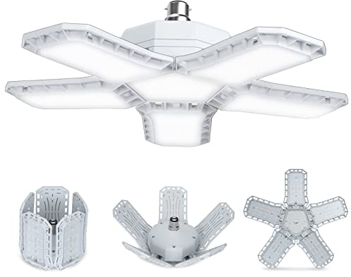 SAUGLAE Lampadine LED per Garage, B22 Deformabile 80W 9000LM, 6500K Bianco Freddo, Lampadine da LED con 4 Pannelli Regolabili per Garage, Magazzino, Officina, Seminterrato (Pack of 1)