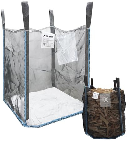 Arebos Premium Holzsack | Big Bag 100x100x120 cm | mit 4 Schlaufen und Einfüllschürze | Tragfähigkeit 1000 kg, SF 5:1, EN ISO 21898 | Sacke für Bauschutt, Holz, Gartenabfall | UV-Beständig