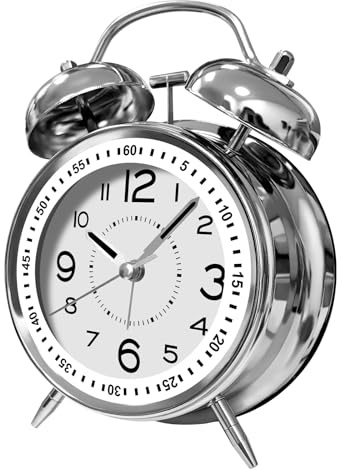 ALEENFOON 4 Inch Metal Twin Bell Alarm Clock Bedside Easy Adjustment Noisy Battery Operated Travel Quartz Mechanical Alarm Clock for Children (Silver-Silver)