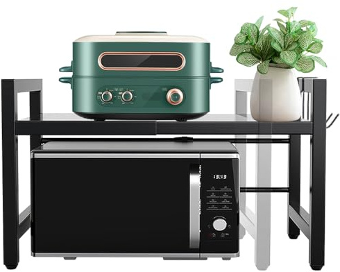 DONJIM Expandable Microwave Shelf, Microwave Stand with Side Hooks, Heavy Duty Microwave Shelf Stand, Kitchen Storage Rack for Microwave Oven, Black Over Microwave Shelf Water&Rust Proof