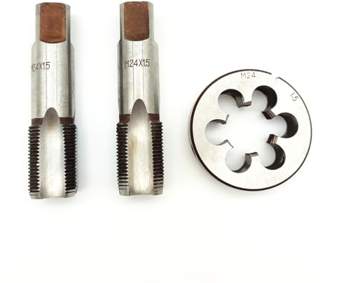 AtticZone M24 x 1,5 metrisches Handgewindebohrer und Schneideisen, 1,5 mm Teilung, 1 Gewindebohrer, 1 Gewindebohrer, 1 runder Schneideisen, rechte Hand (M24 x 1,5, Gewindebohrer und Schneideisen)