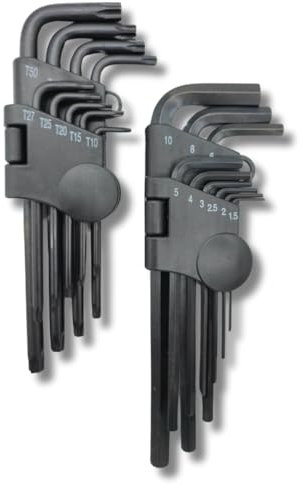 AC Tools Juego de allen + torx con las medidas mas comunes. Medidas allen: 1.5 2 2.5 3 4 5 6 8 10 Medidas torx antirrobo: T10 T15 T20 T25 T27 T30 T40 T45 T50.