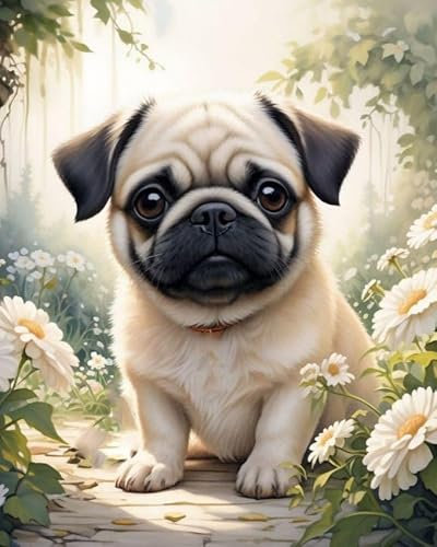 ZMHZMY Malen-nach-Zahlen-Set für Erwachsene,Weihnachten,Mops und Blumen,Personalisiertes digitales Ölgemälde,Geschenke für die Weihnachtsfeiertage,40x50cm
