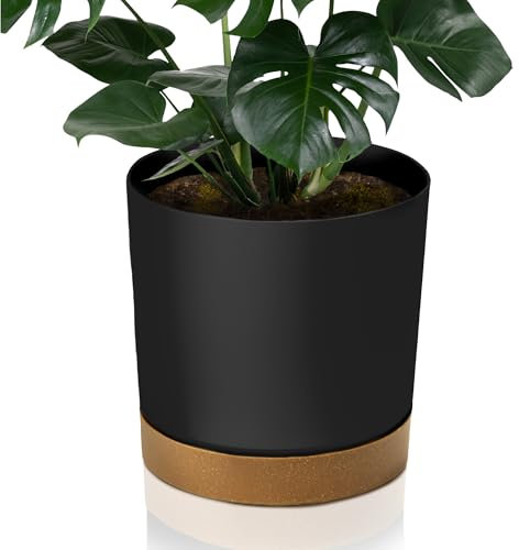 EDANTI Blumentopf mit Untersatzer Dekorativer Topf Kunststoff Pflanzkübel Rund Blumenkübel Gartentopf (Anthrazit, 29,2 cm)