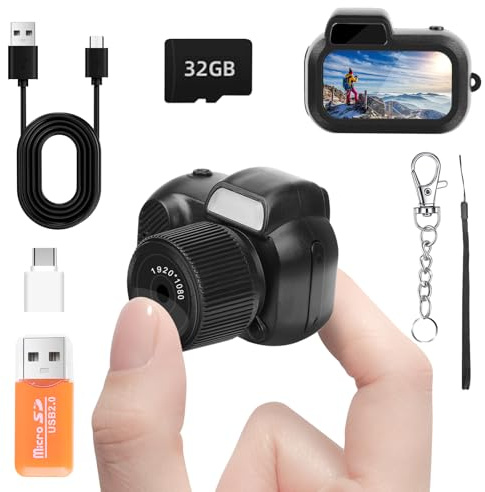 Mini fotocamera portachiavi, FHD 1080p 8 MP mini fotocamera digitale con scheda SD da 32 GB, 8 filtri creativi, display HD da 0,96 pollici, durata della batteria 100 minuti per decorare regali di