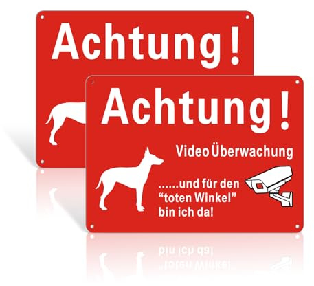 2 Stück Vorsicht Hund Schild, 25x18cm Achtung Videoüberwachung Schild Metall Alu,Reflektierendes Aluminium,Wetterfest – Für Innen- und Außenbereich,Gelb Rot