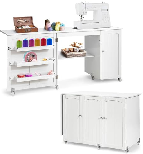 COSTWAY 2 in 1 Nähtisch Nähschrank klappbar, Nähmaschinentisch mit Arbeitsplatte, Ablagen & Türschrank, Mobiler Schreibtisch mit abschließbaren Rollen, Basteltisch Nähmöbel, 158x50x75cm (Weiß)