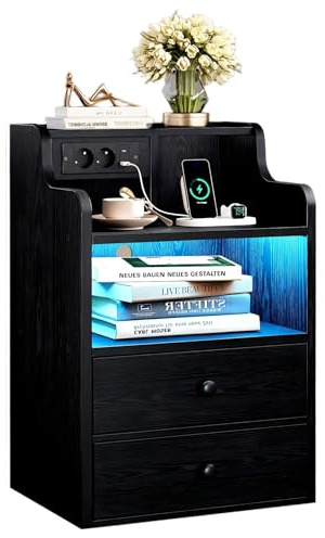 IRONCK LED Nachttisch mit Steckdose, Beistelltisch Holz mit Ladefunktion, Nachtschrank mit 2 AC, 1 USB& 1 Type-C Anschlüsse, Sofatisch mit 2 Schubladen für Wohnzimmer,Schlafzimmer, 45x30x70cm Schwarz