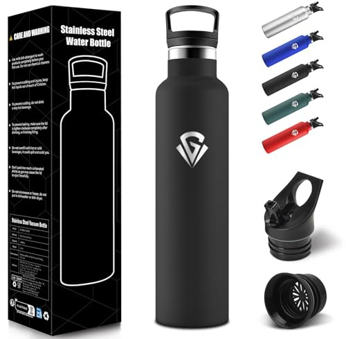 Borraccia Termica 1 Litro, Senza BPA, Bottiglia Termica, Sottovuoto a Doppia Parete, Borracce Termiche, 18/8 Acciaio Inox, Borraccia Acciaio, con Cannuccia, Termos per Palestra, Sport, Bici - Nero