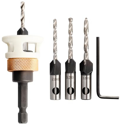 Mesee 5 Stück Senkbohrer Set, Bohrsenker mit Tiefenanschlag, 1/4 Hex-Schaft Kegelsenker Bohrer Set, Senker Holzbohrer mit Tiefenanschlag, Präzise Bohrungen, für Holzverarbeitung/ 2,8/3,2/3,5/4 mm